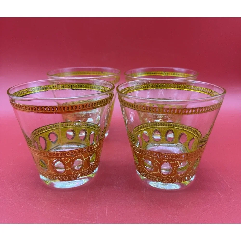 4 Vintage Culver ANTIGUA Tapered Old-Fashioned Low Ball Glass Barware 22k Gold